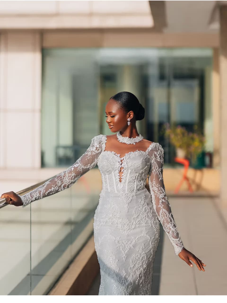 Bride in a bespoke gown at golden hour