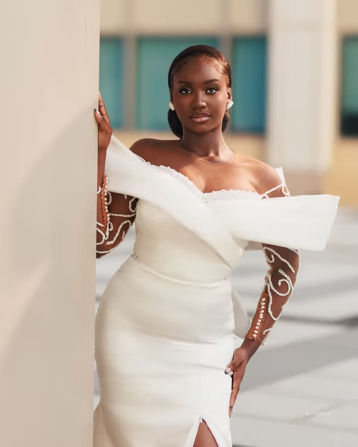 Model wearing a contemporary gown from the Le Nouveau collection